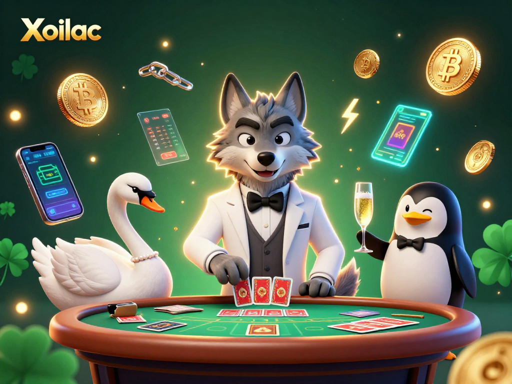 Xoilac showcases a dynamic baccarat scene, featuring a debonair wolf, elegant swan, and penguin sommelier.