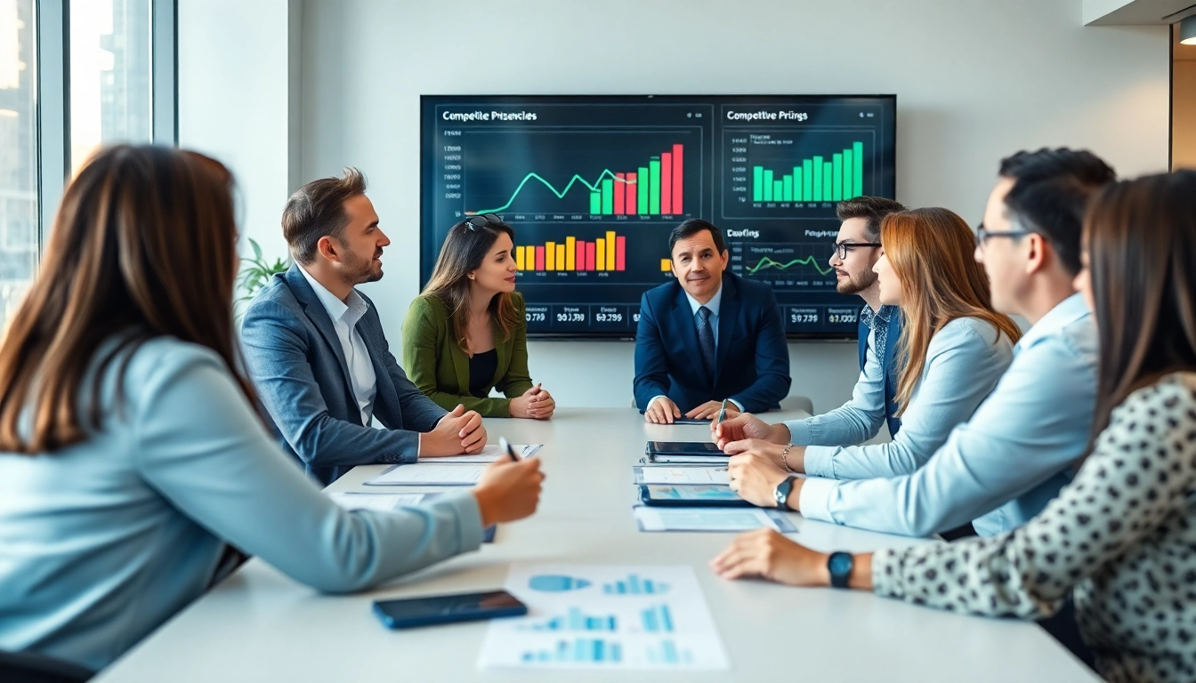 Analyze competitor pricing strategies with professionals in a modern setting.