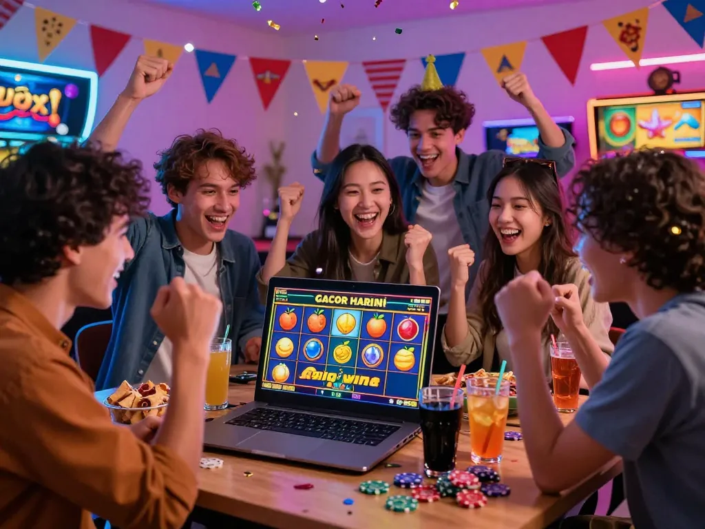 Teman-teman merayakan kemenangan besar pada permainan slot gacor hari ini dengan camilan dan minuman.