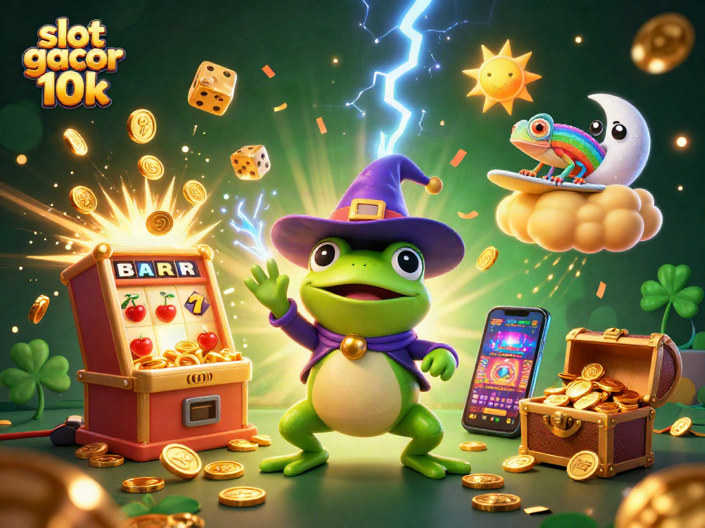 Experience the excitement of slot gacor 10k with a wizard frog and chameleon amidst casino elements.