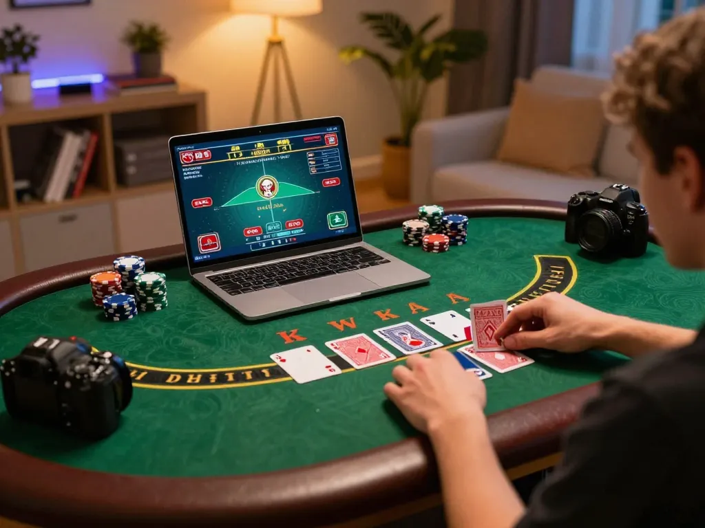 Gambler enjoying an online casino experience with nhà cái uy tín displayed on the screen, engaging in live blackjack from a cozy home.