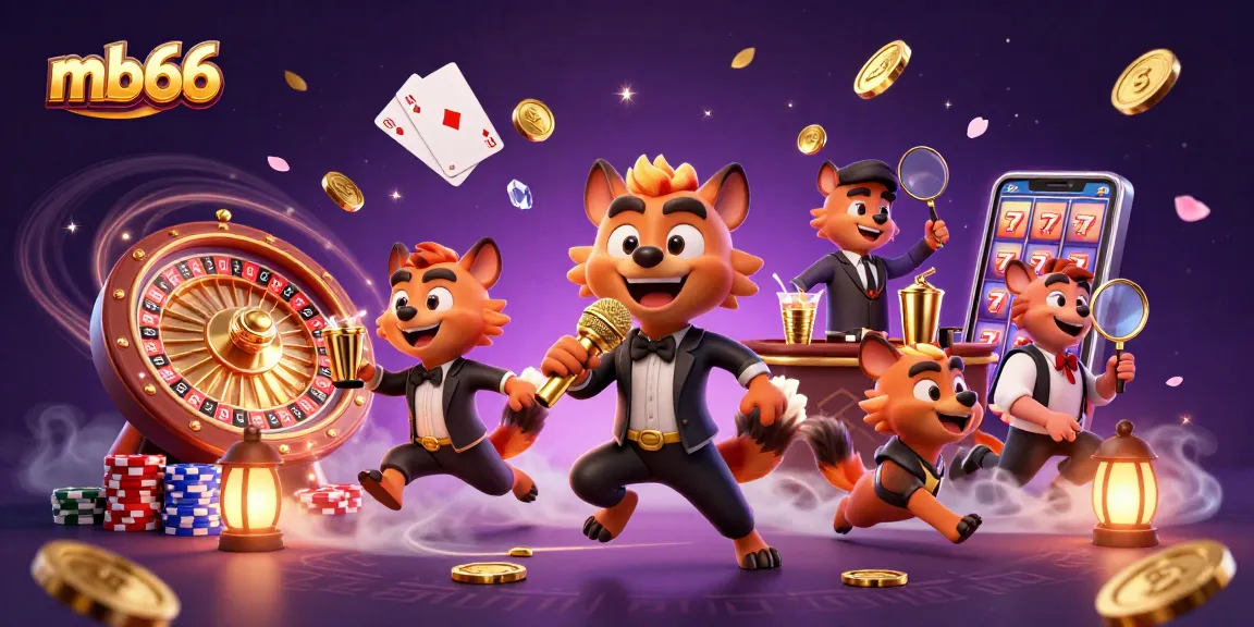 Engage with mb66 comedy casino scene featuring lively hyenas, mixing drinks, and vibrant gambling elements.