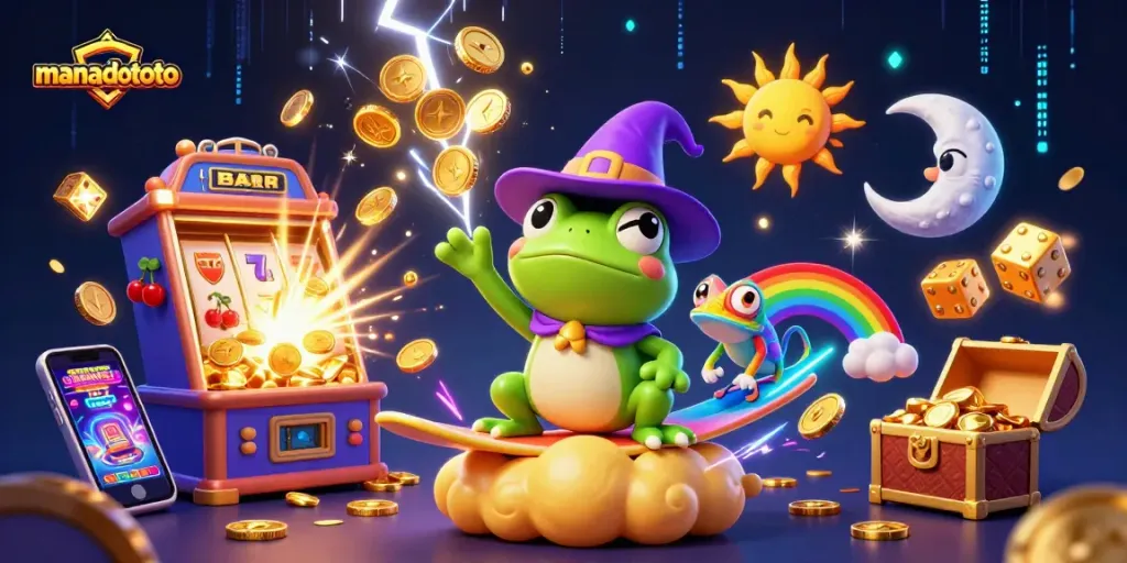 Join the excitement with manadototo as a wizard frog summons a wealth of golden coins in a vibrant casino scene.