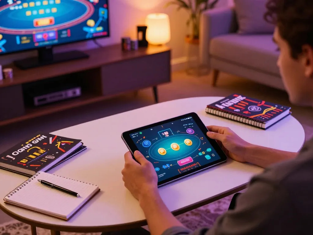 Engaging online poker session at home with lucks8 strategy notes and warm lighting