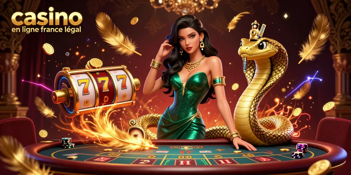 Découvrez les frissons du casino avec une femme éblouissante et un cobra doré dans un cadre dynamique mettant en valeur le casino en ligne légal en France.