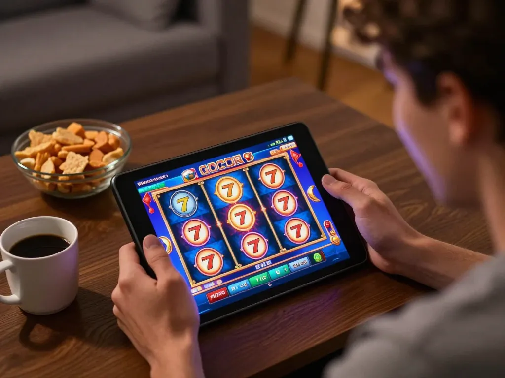 Engaging in slot gacor 777 games on a tablet at home, capturing online gaming excitement.