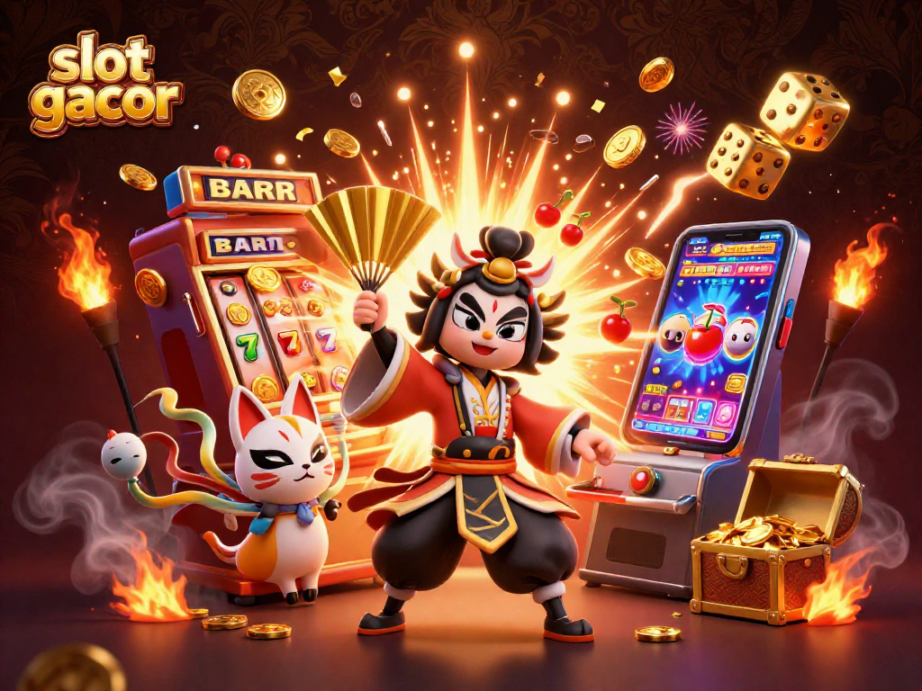 Slot gacor menghadirkan aksi jackpot dengan karakter tradisional dan mesin slot yang berwarna-warni.