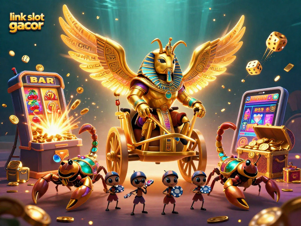 Experience winnings with link slot gacor depicted in vibrant casino scene featuring dynamic characters and game elements.