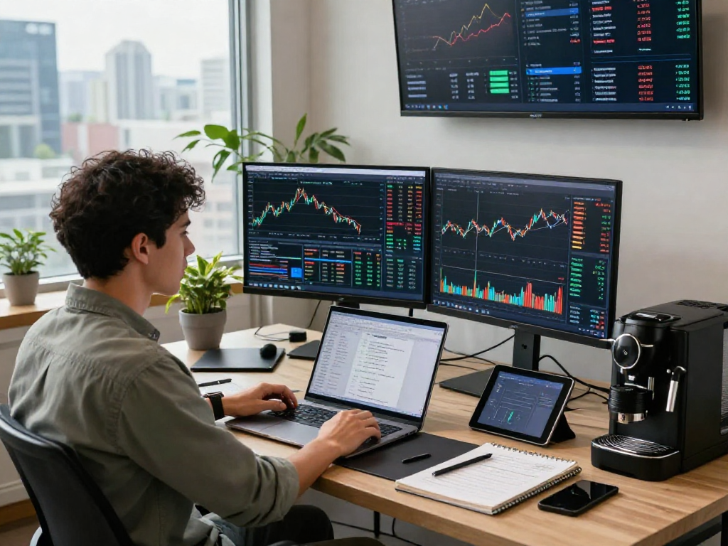 Traders using TradingView to analyze stock and cryptocurrency data in a modern workspace.