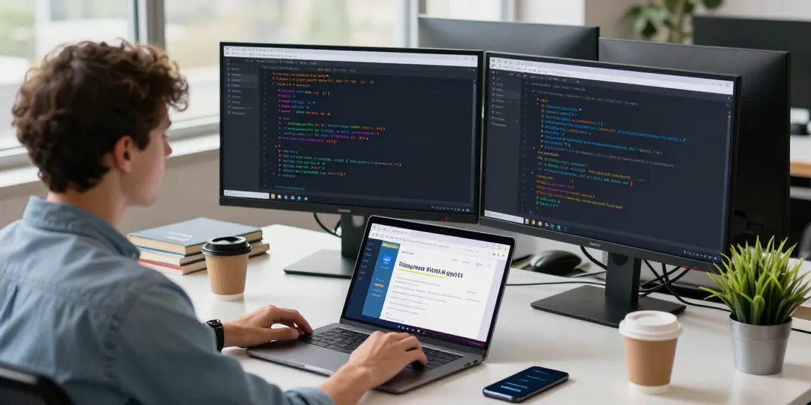Developer creating features for 纸飞机中文版 in a modern workspace with coding elements and tech tools.