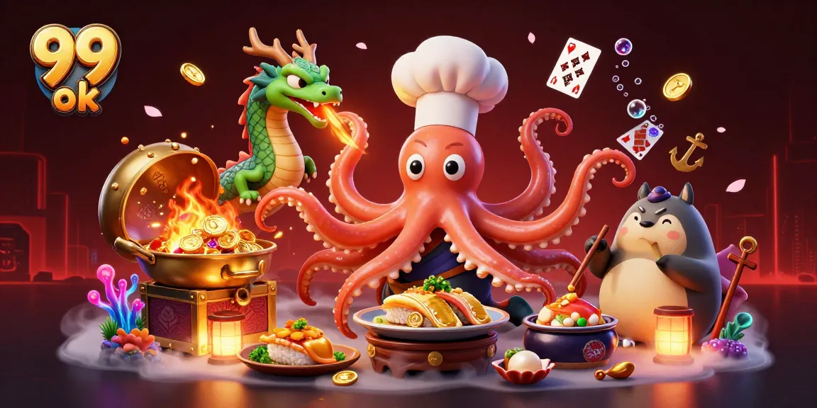 Play exciting games at 99 ok with a dynamic scene featuring vibrant casino elements and characters.