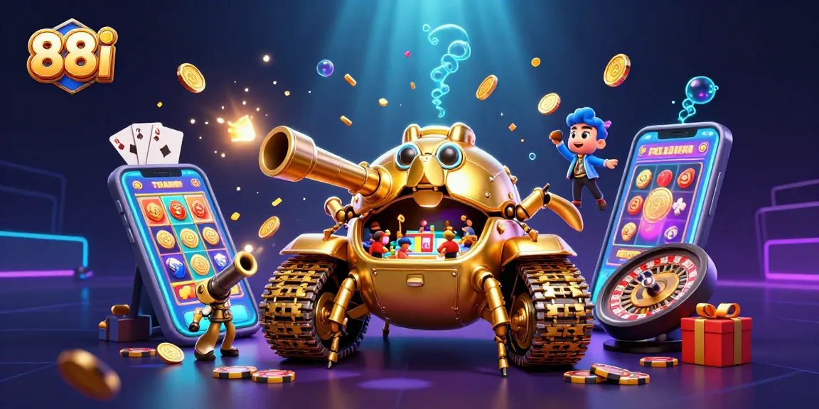Experience excitement at 88i's miniature casino in a stunning 3D illustration with golden elements.