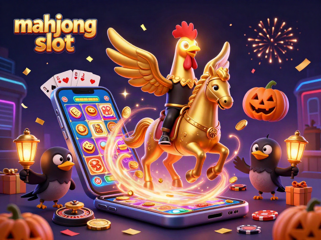 Play mahjong slot with a vibrant casino scene featuring golden rooster characters and festive elements.