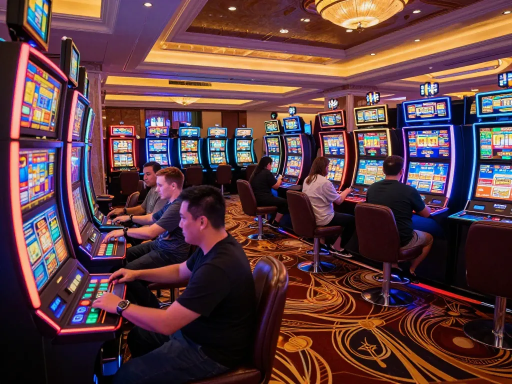 Exciting scene from Trang chủ Bet88 showcasing players engaging with vibrant slot machines in an upscale casino.