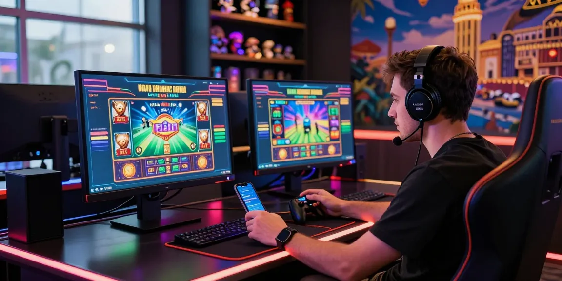 Player immersed in rokok88 rtp online casino gaming setup, showcasing vibrant interfaces and gaming atmosphere.