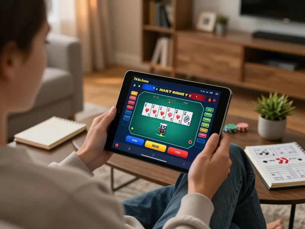 Engaged player on Trang chủ 79king using a tablet for online poker game, stylish home setup for responsible gambling experience.