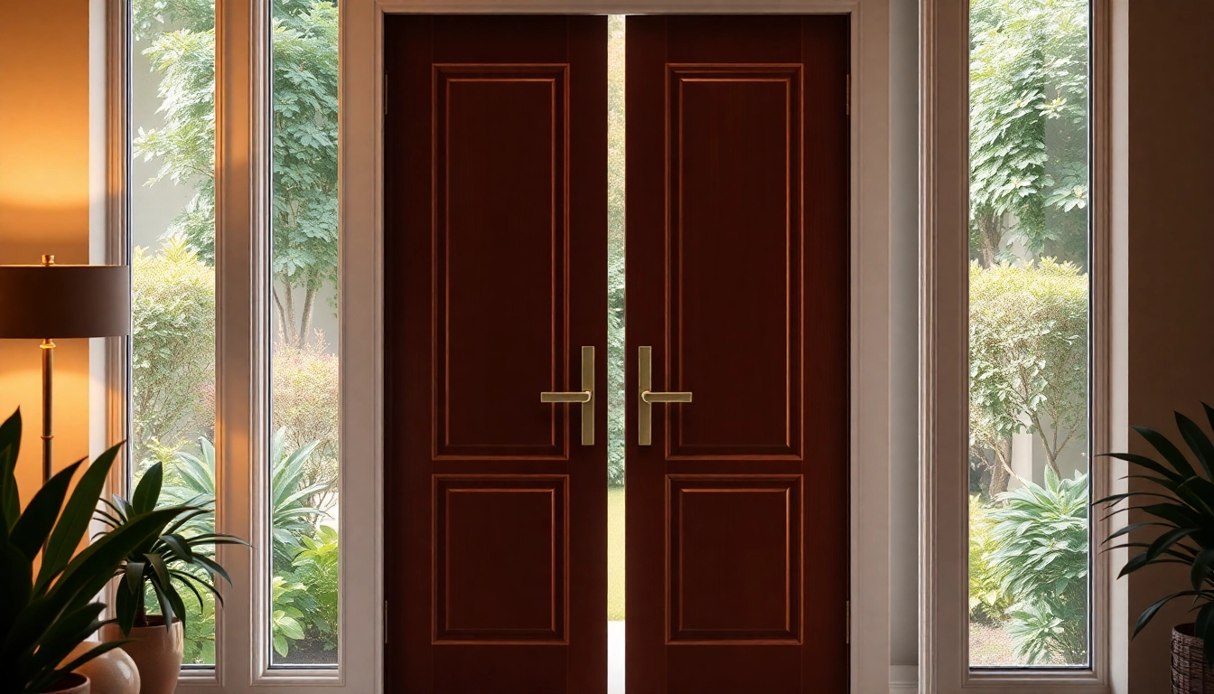Open single leaf double swing door enhancing a garden view, showcasing elegant design.