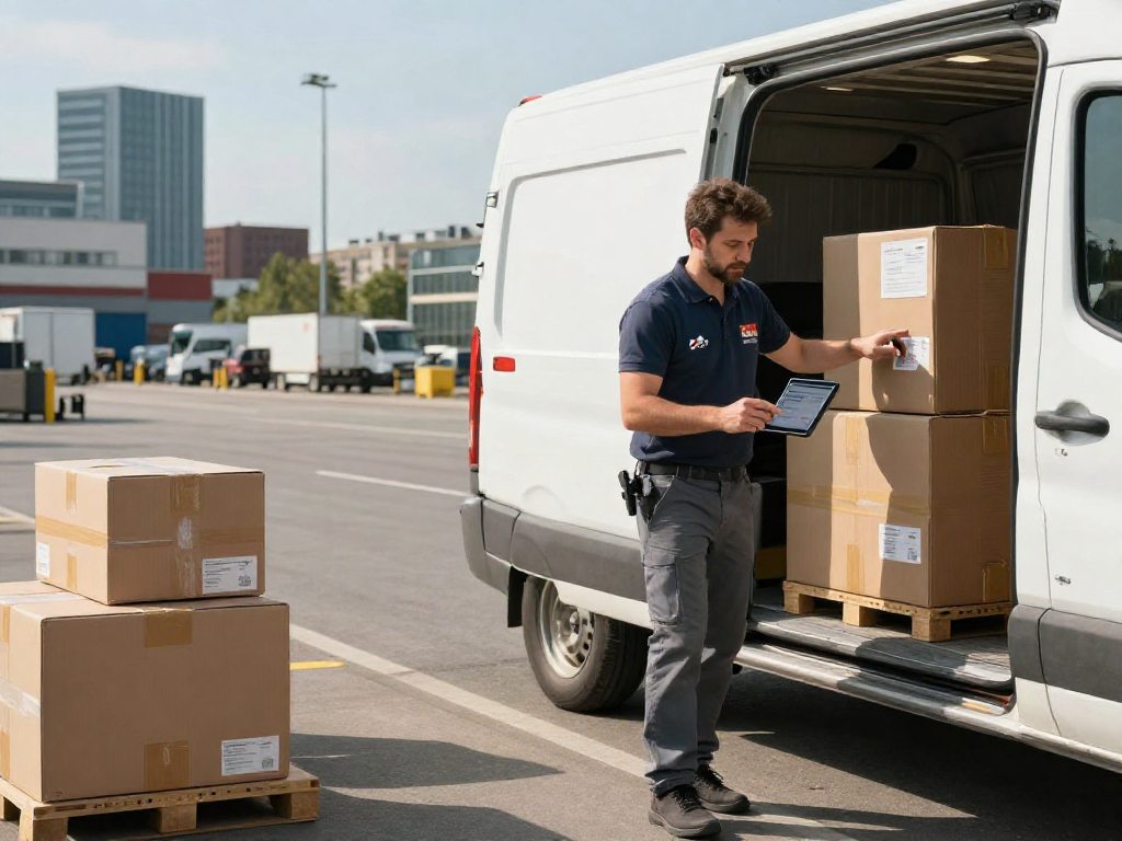 Eiltransporte in Dortmund: Kurierfahrer bei der Abholung von Paketen in einem Logistikzentrum
