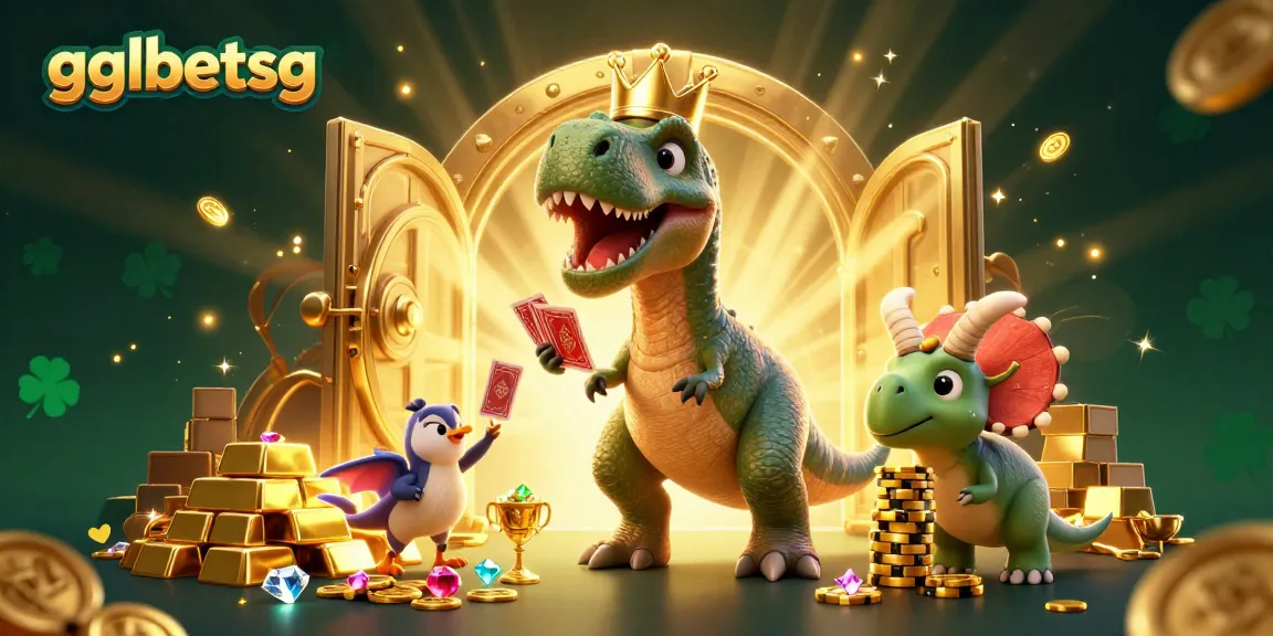 gglbetsg showcases a vibrant gaming scene with a T-Rex shuffling cards, emphasizing online betting excitement.