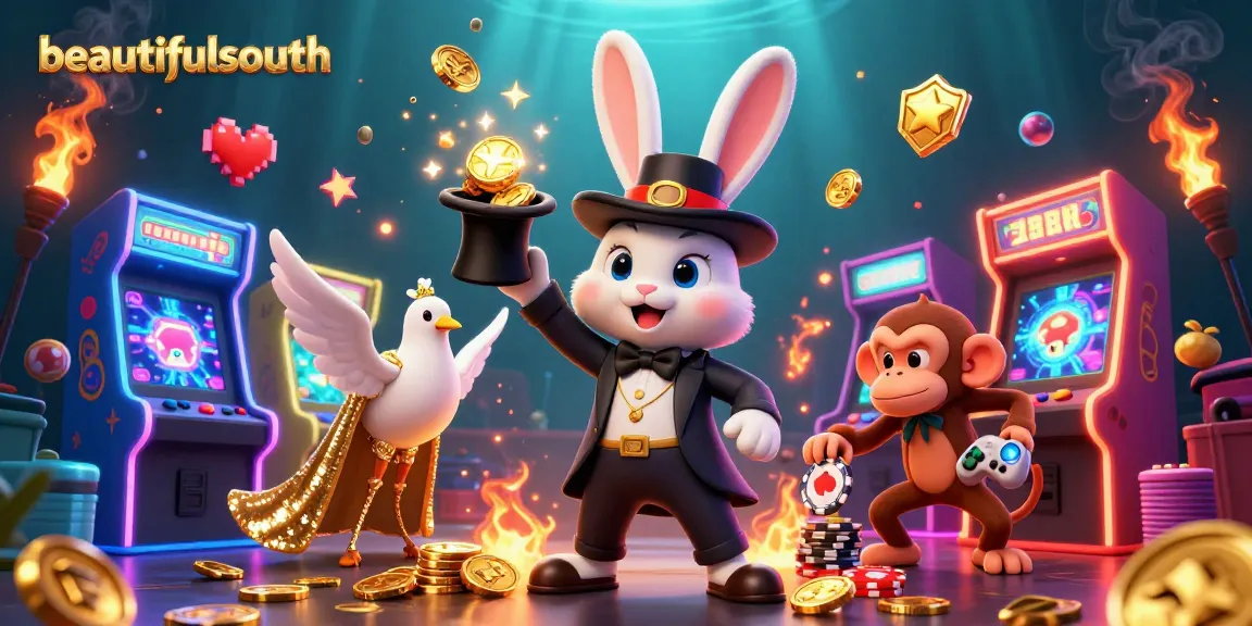 Watch the beautifulsouth magician rabbit summon coins and poker chips in this vibrant casino scene.