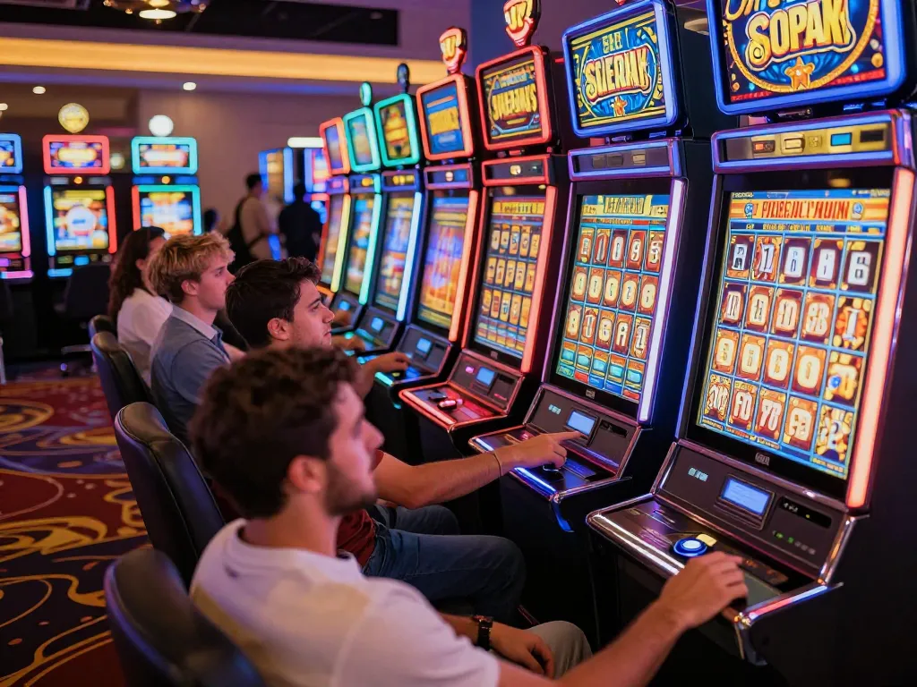 Players enjoying slot gacor hari ini at an exciting casino floor, engaging with colorful machines and lively atmosphere.