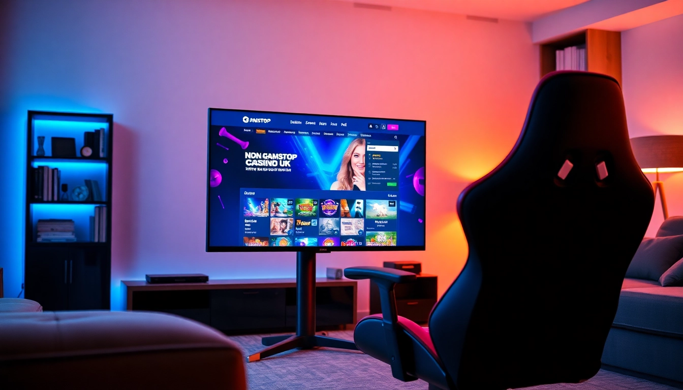 Engaging scene of non gamstop Casino UK represented on a vibrant gaming monitor in a stylish setting.
