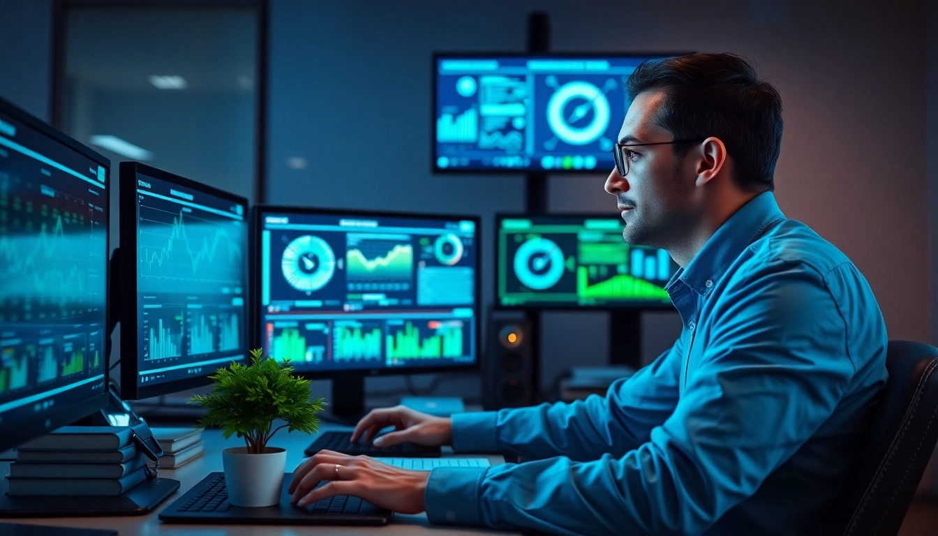Cybersecurity AI analyst at a modern workstation analyzing data and trends.
