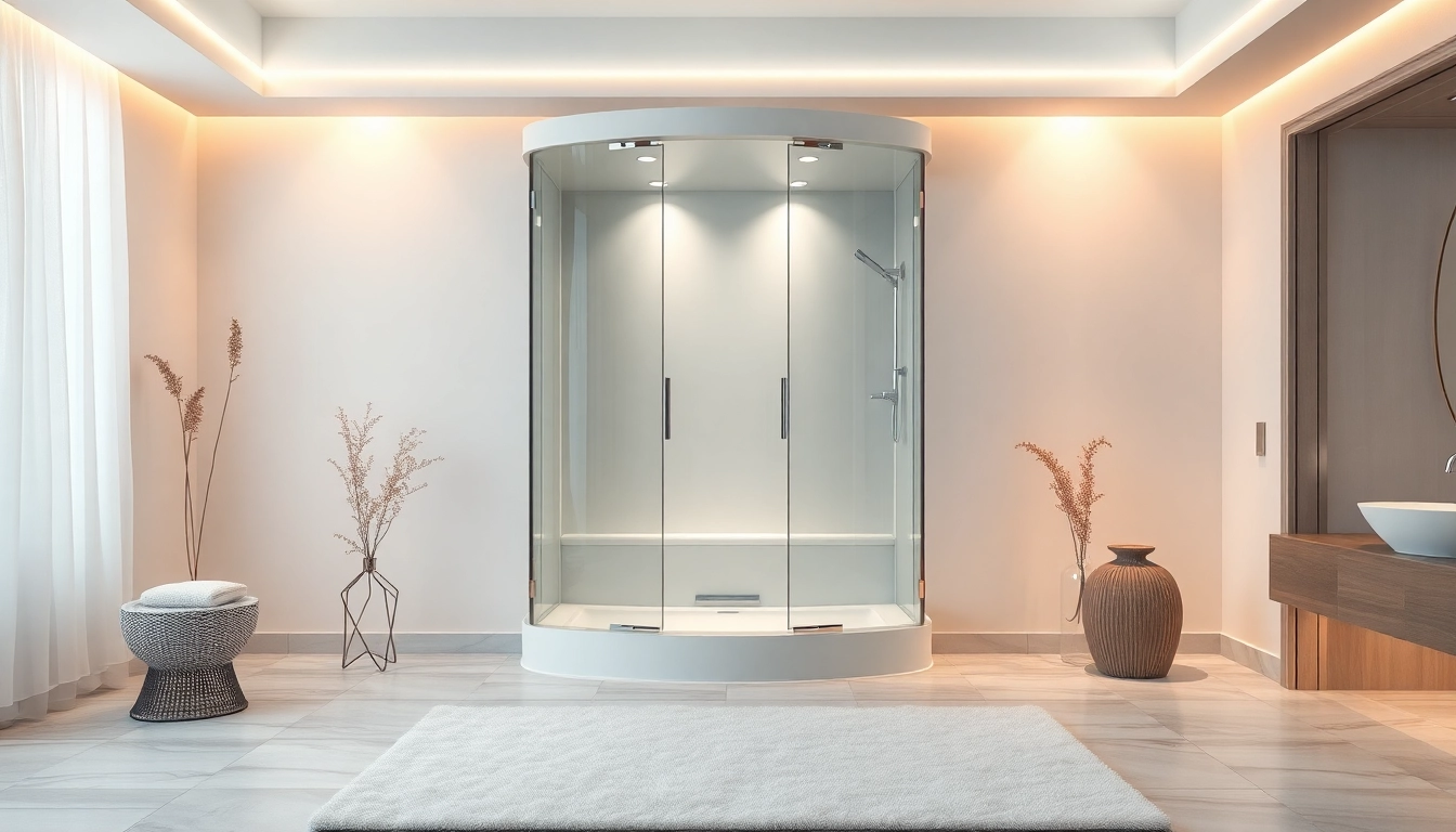 Admire a stylish cabine de douche intégrale surrounded by modern bathroom decor and warm lighting.