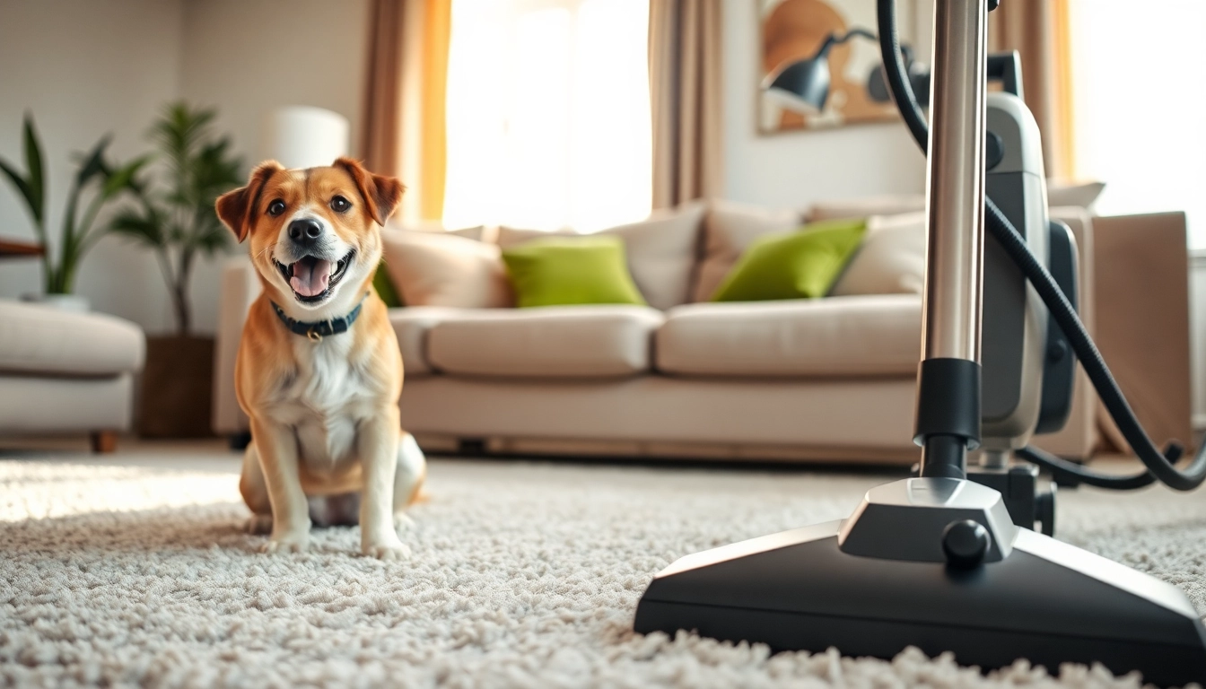 Performing pet odor carpet cleaning in a cozy living room with a dog and vacuum cleaner.