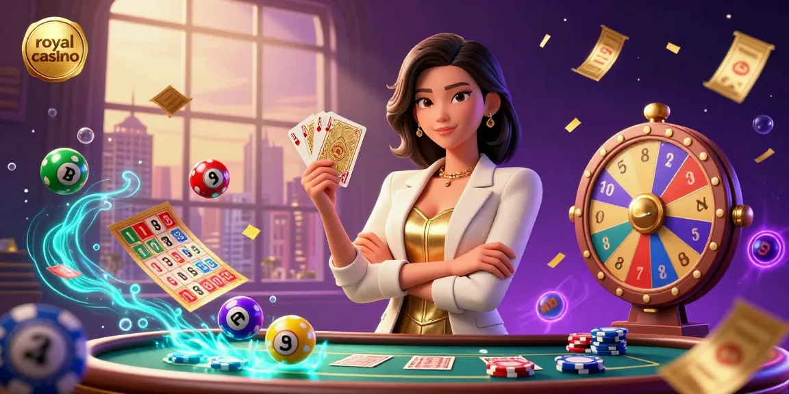Experience the excitement of royal casino with a glamorous Asian woman holding golden cards amidst vibrant gambling elements.