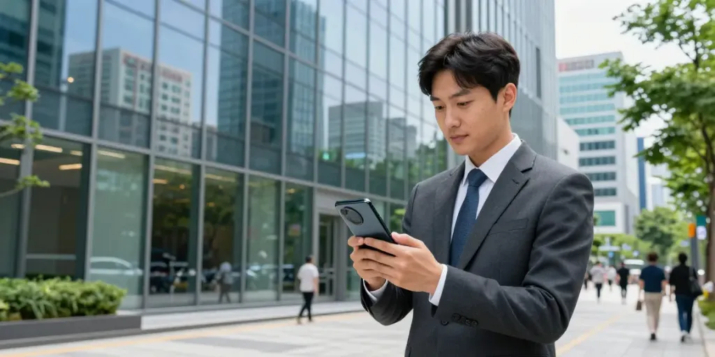 세종오피를 이용하는 고객이 세종시의 현대적인 사무실 앞에서 스마트폰을 보며 전문가의 이미지를 유지하는 모습