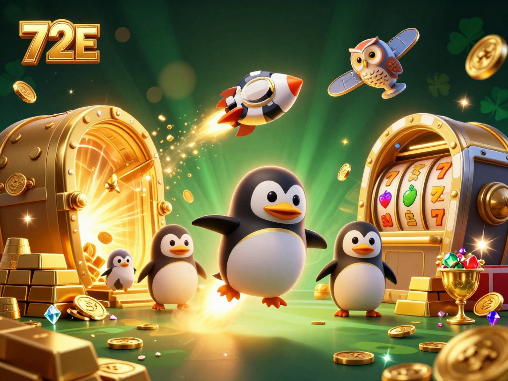 O pingüim dourado foguete da 72E navega pelo espaço em direção a um cassino, cercado por tesouros.