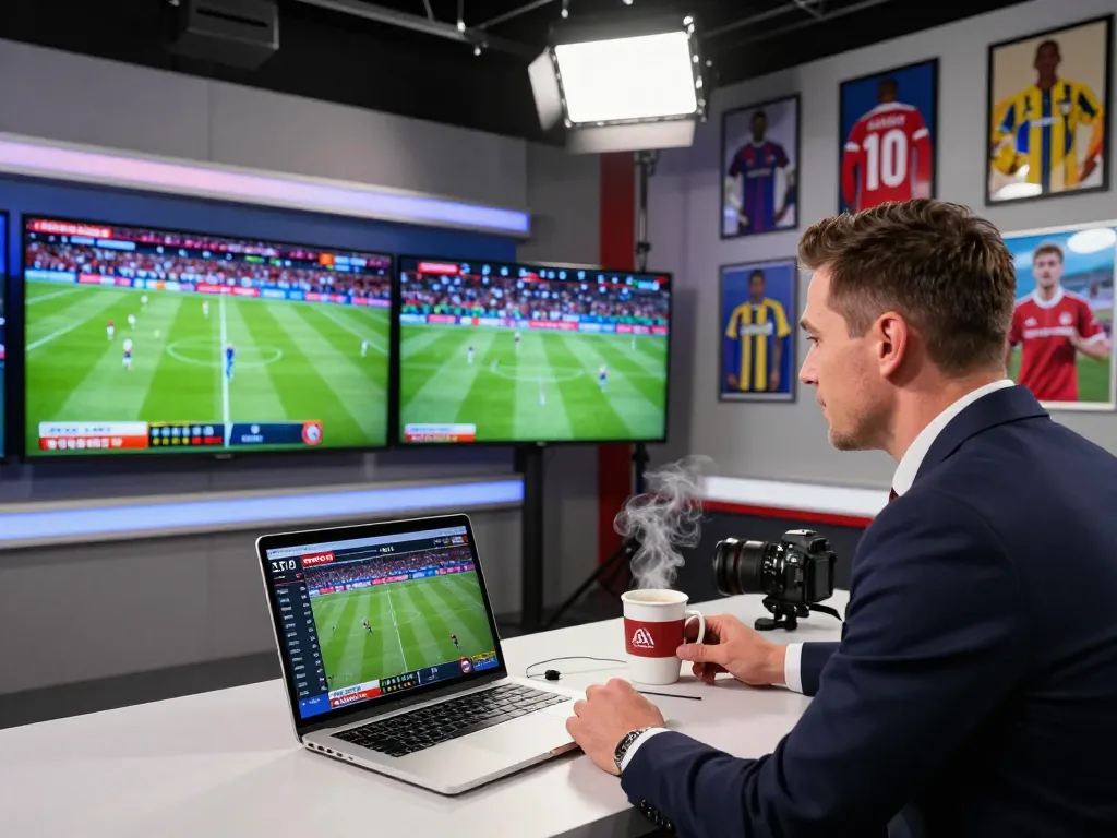 Exciting studio scene with CàkhịaTV commentator analyzing live football match stats and highlights.