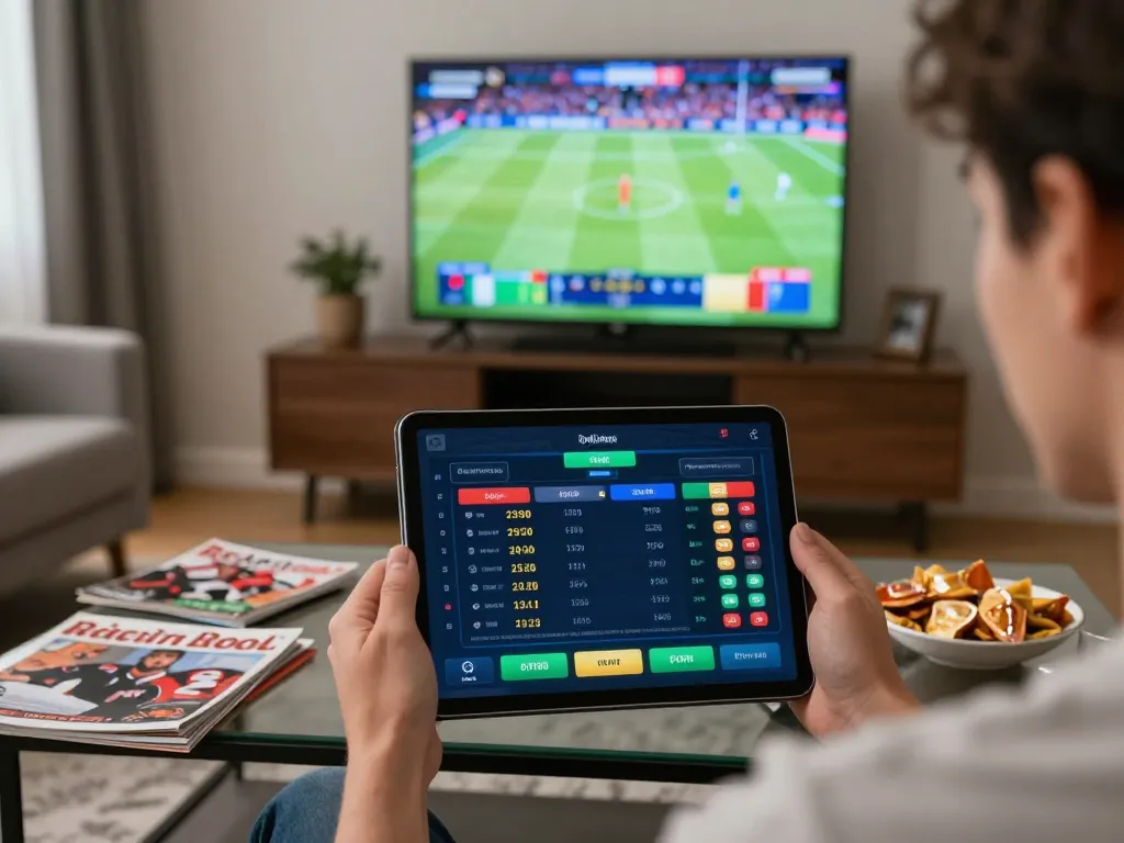 Person utilizing the g28 platform for live sports betting on a tablet, surrounded by a stylish home setup.