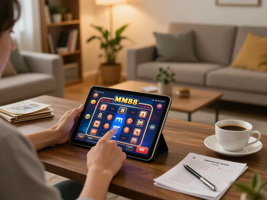 Person enjoying online gaming with Link MM88 app on a tablet in a cozy living room.