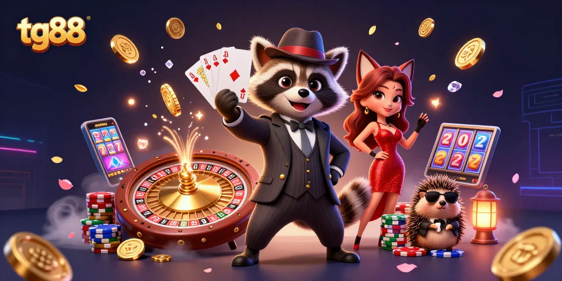 Experience thrilling wins at tg88 with a raccoon holding a royal flush among cascading coins and gems