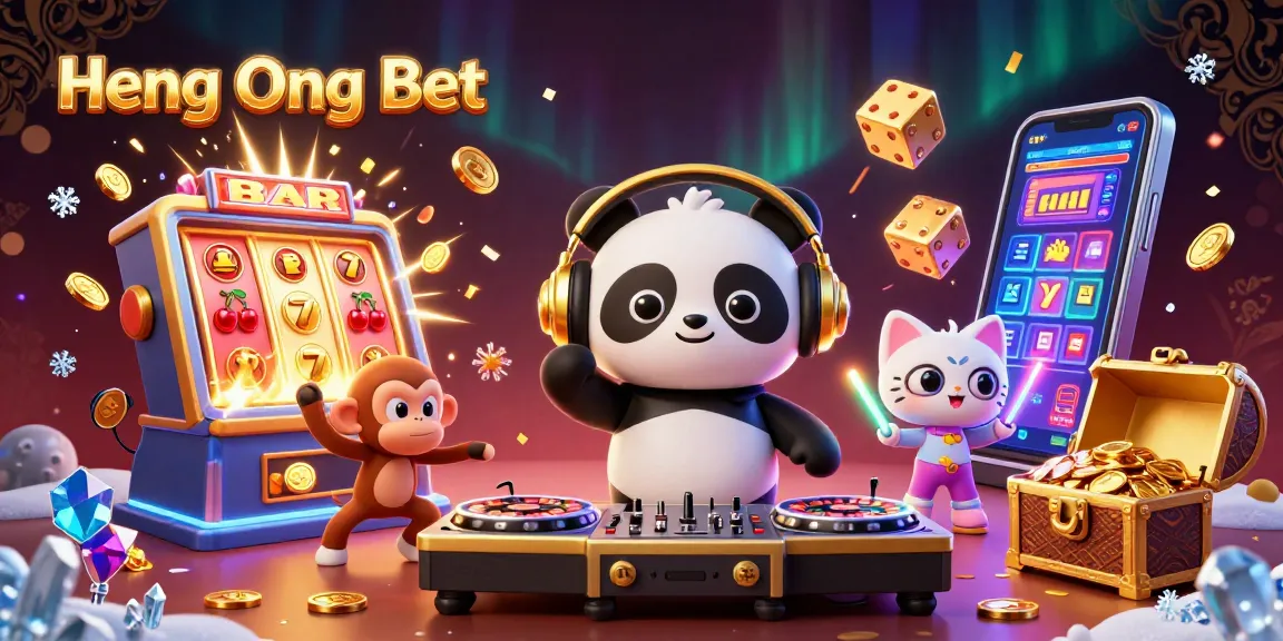 Spin to win at Heng Ong Bet with a DJ panda, dancing monkey, and glowing kitten in this casino scene.