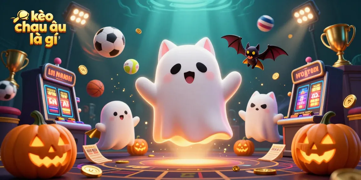 Engaging kèo châu âu là gì artwork showcasing a friendly ghost cat and vampire bat amidst dynamic casino elements.