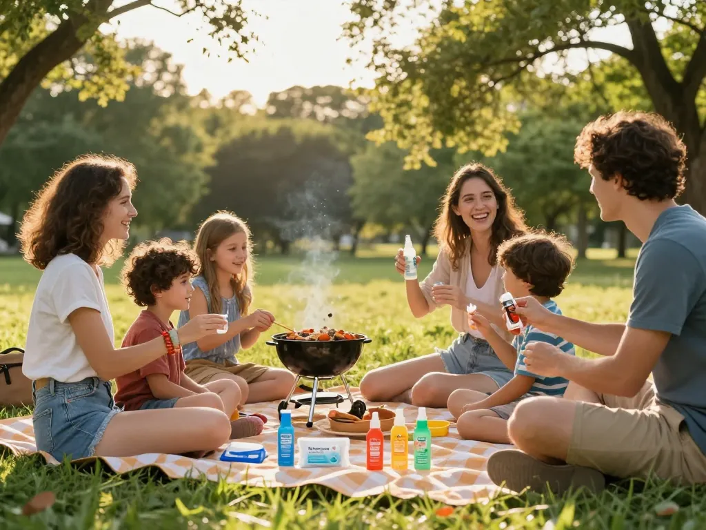 A family enjoying a picnic while using mosquito repellent to stay comfortable outdoors.