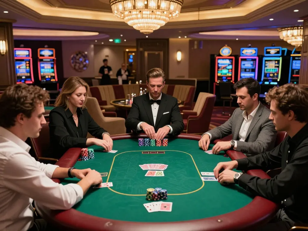 LGOLUX players engaging intensely in a strategic poker game at a luxury casino table.