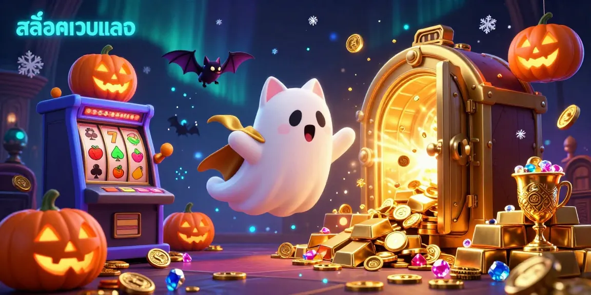 Engage with สล็อตเว็บตรง in this lively 3D casino scene featuring a ghost cat and treasures.
