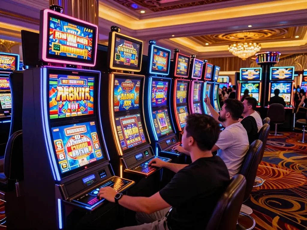 Situs slot players enjoying vibrant casino atmosphere with colorful machines spinning.