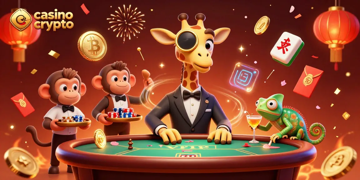 Jouez au casino crypto avec des personnages animés, des jetons Bitcoin et des éléments de fête.