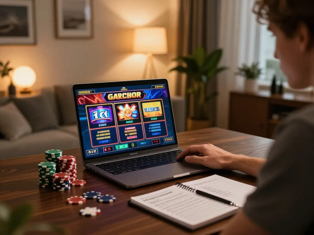 Engaged player exploring slot gacor games on laptop in a cozy home office.