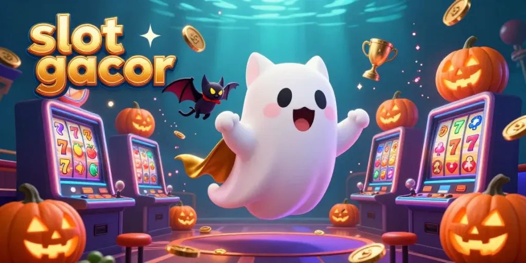 Spin the thrilling slot gacor with an enchanting ghost cat in action amidst illuminated symbols and golden coins.