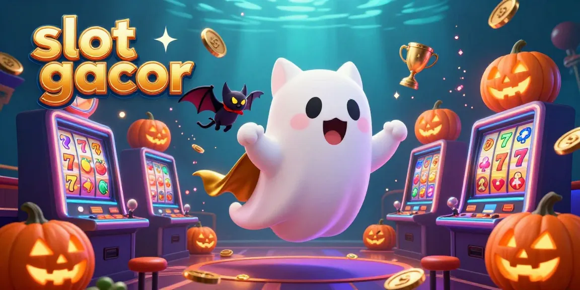 Spin the thrilling slot gacor with an enchanting ghost cat in action amidst illuminated symbols and golden coins.