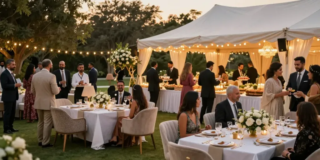 Event rental KSA showcasing a luxurious outdoor garden event with elegant furniture and decor.