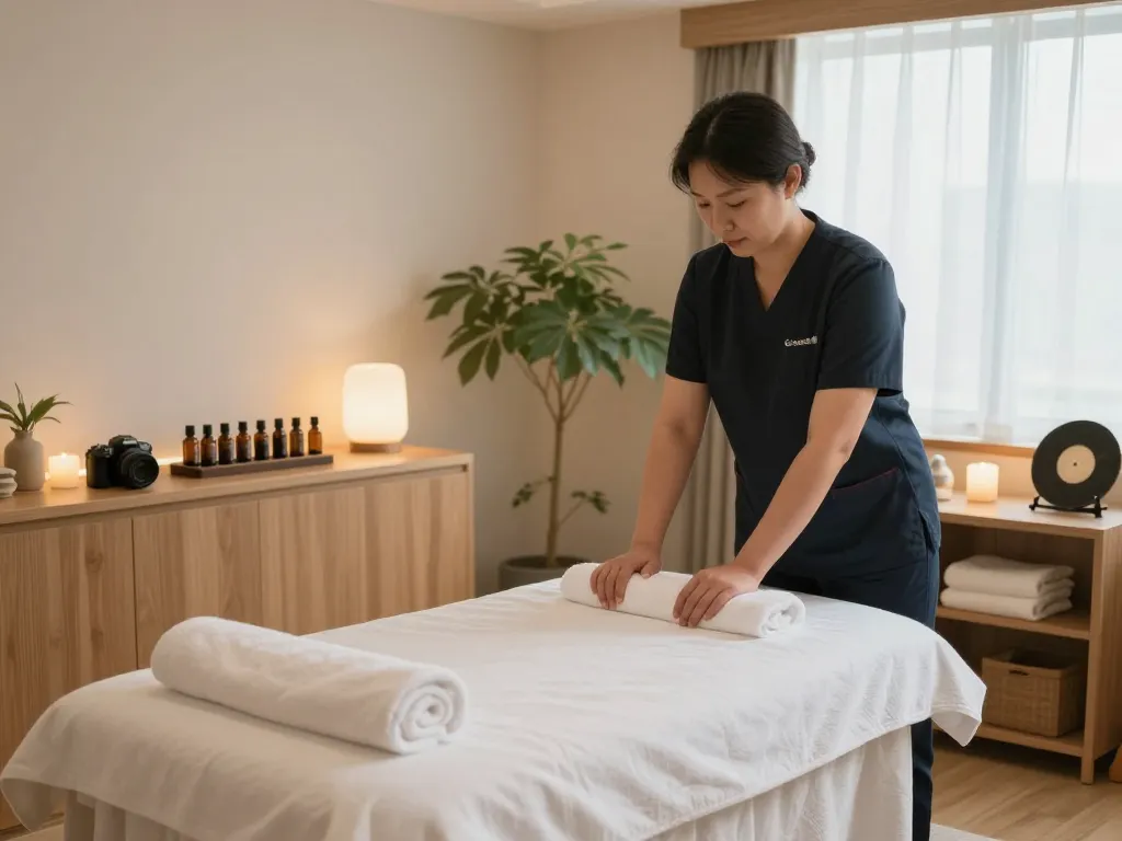 부드러운 조명과 편안한 장식이 있는 잠실스웨디시 마사지 치료를 위한 차분한 치료실.