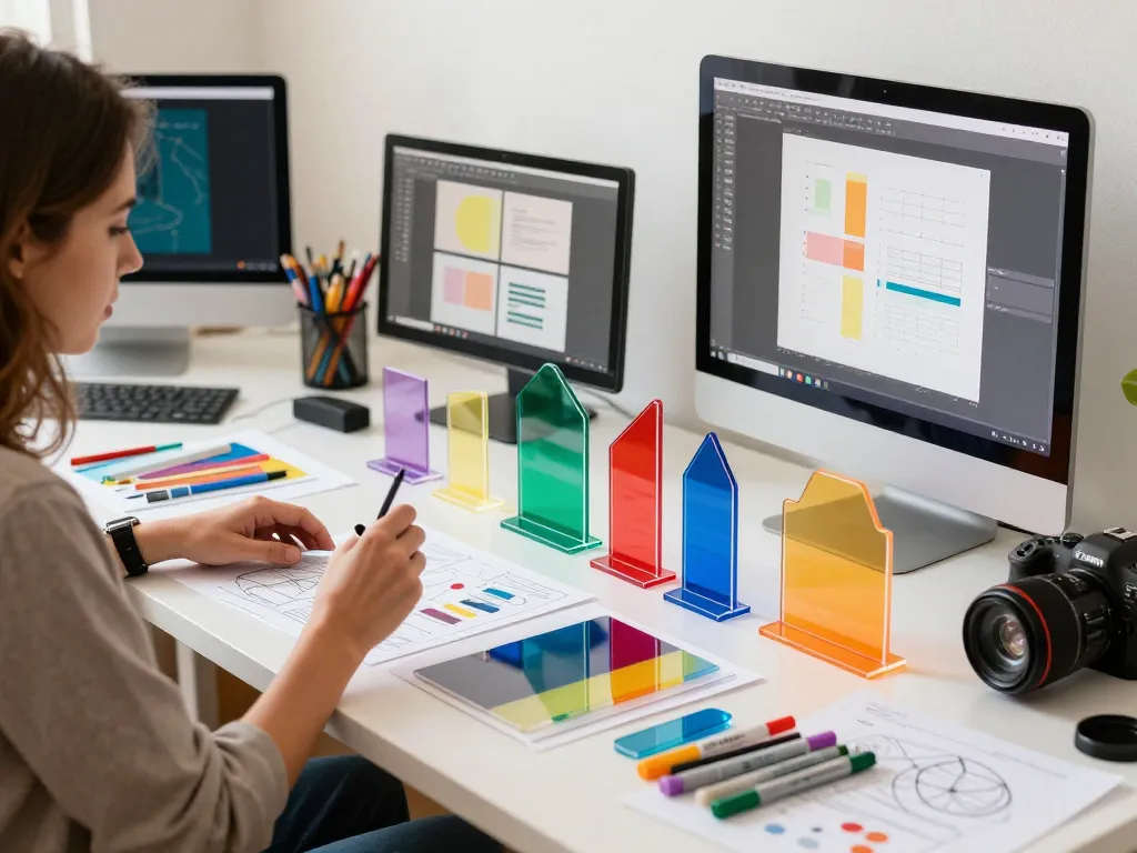 Custom acrylic stand in vibrant workspace with creative tools and designs.