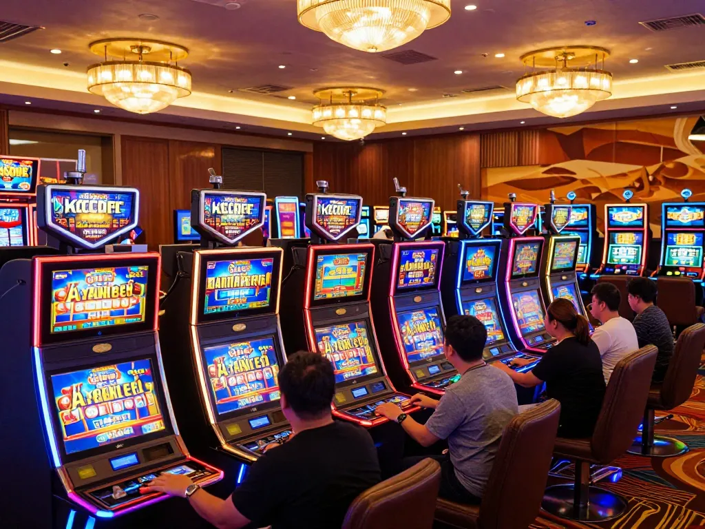 Players enjoying a vibrant slot gacor experience in a busy casino, surrounded by colorful machines and lively ambiance.